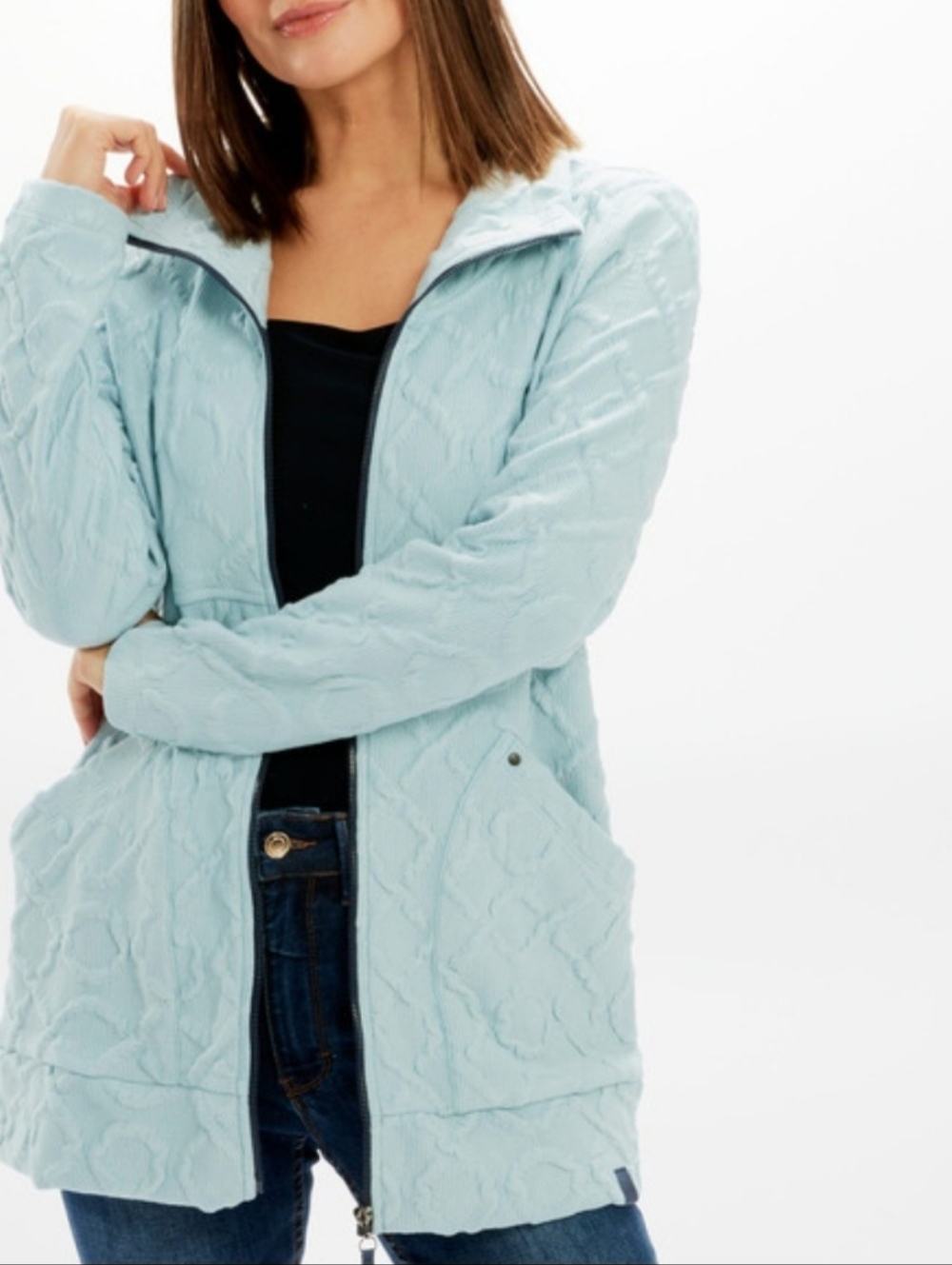Dolcezza Aqua Funnel Neck Knit Texture Zip Sweater Jacket